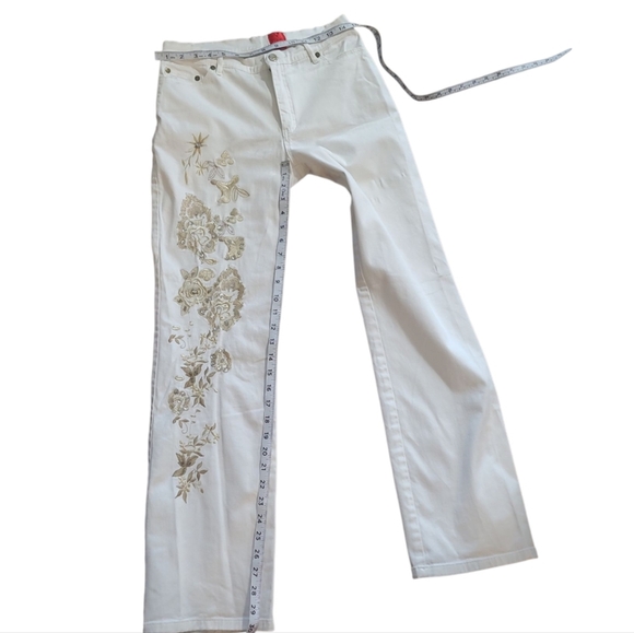 Very Vera Gold Floral Embroidery White Straight Leg Jeans - Picture 8 of 10